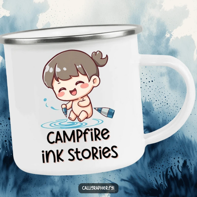 Funny camping mug featuring a character happily swirling ink from a pen, adding a playful and artistic touch to outdoor beverages.
