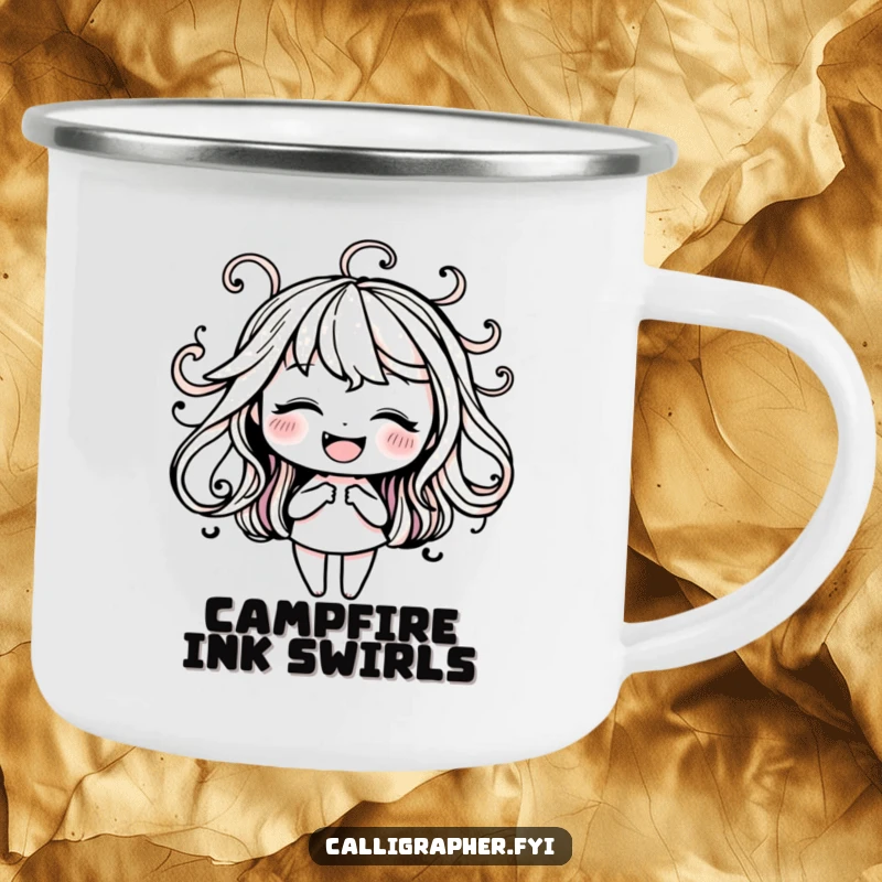 Funny camping mug with a happy character gracefully practicing elegant ink swirls, perfect for creative moments outdoors.