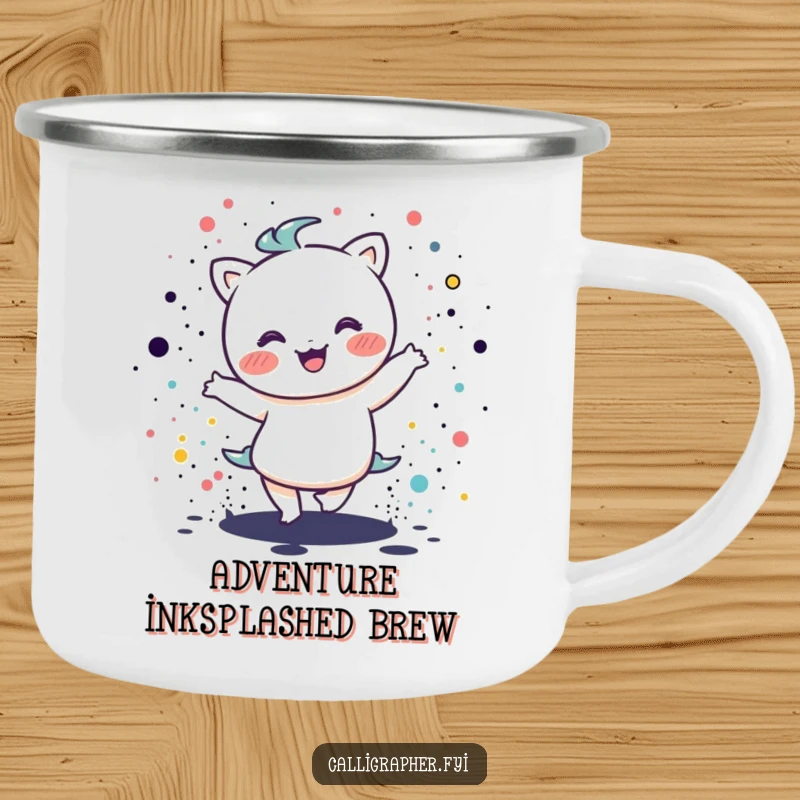 Funny kawaii character dancing happily amidst ink splatters, designed for an enamel camping mug, perfect for outdoor artistic enjoyment.