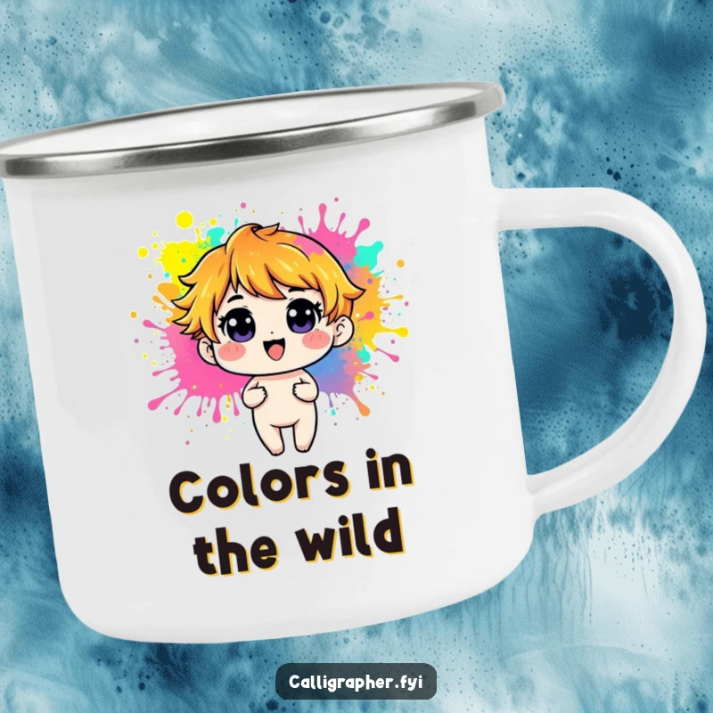 Funny Camping Mug showing a playful character creating vibrant paint splashes, perfect for enjoying drinks outdoors.