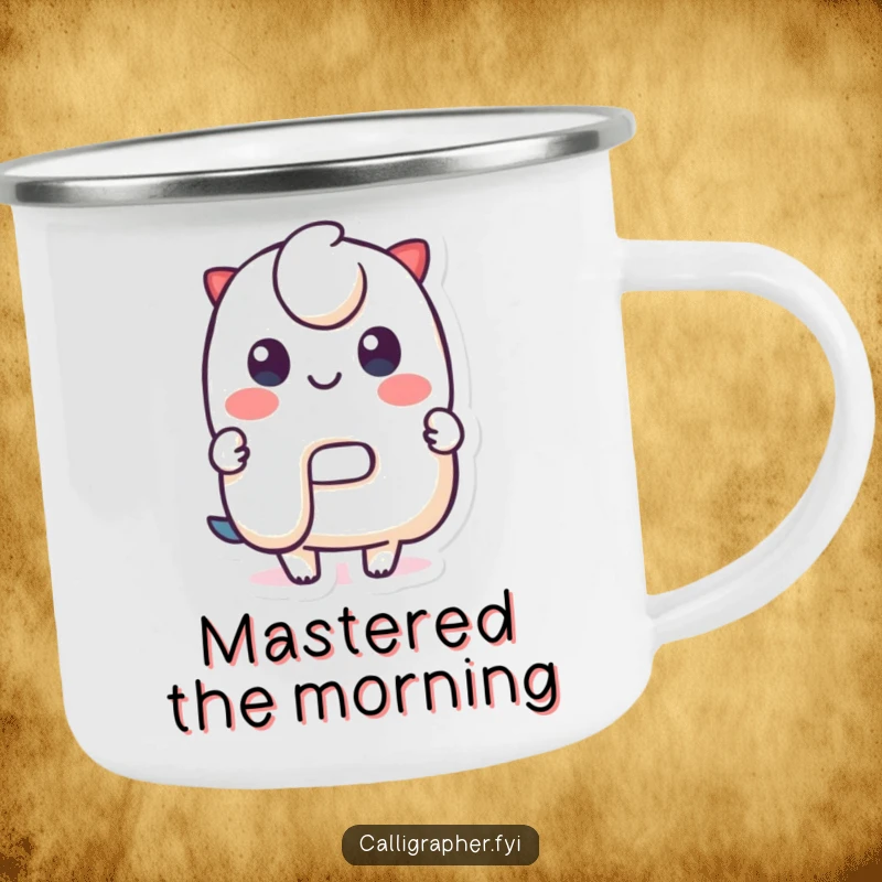 Funny Camping Mug: A cute character proudly displays a stylized letter, ready for adventure, bringing humor and personality to outdoor activities.