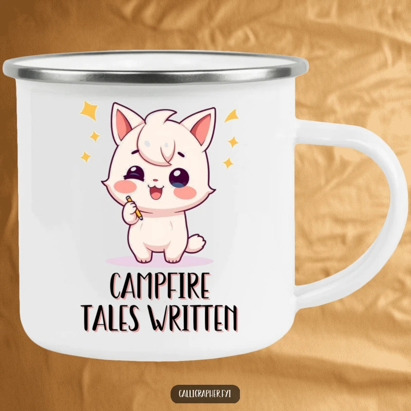 Funny camping mug with a playful character performing a celebratory flourish after writing, ideal for writers who enjoy nature and coffee.