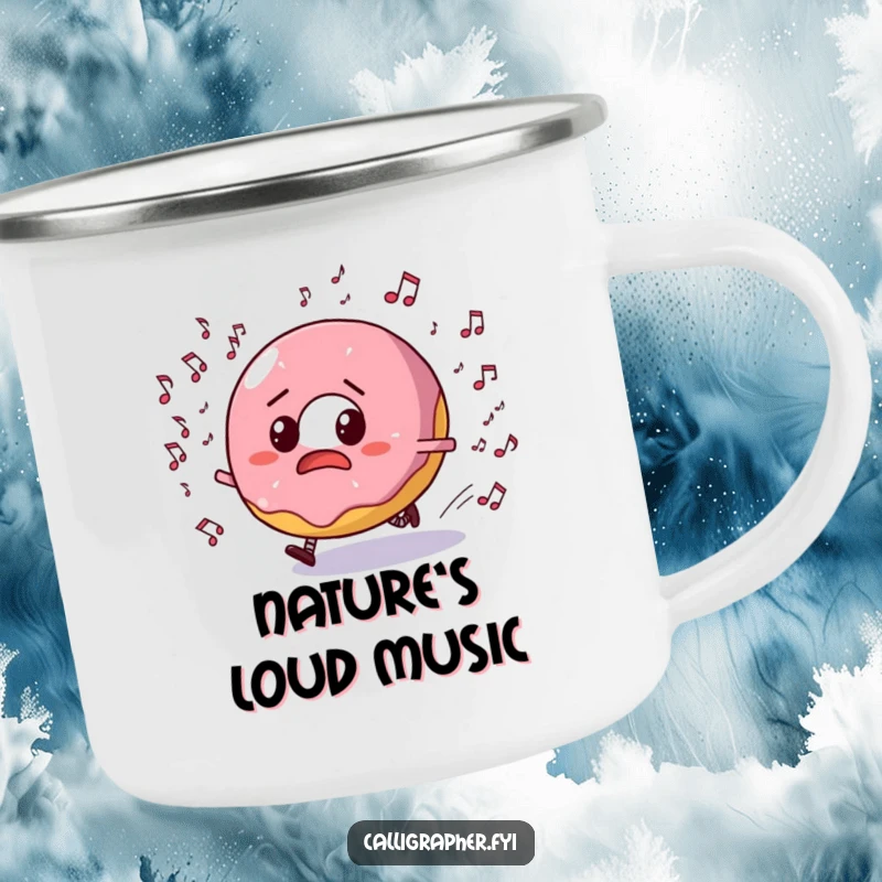 Funny camping mug depicting a bewildered donut character escaping a flurry of musical notes, ideal for outdoor humor.