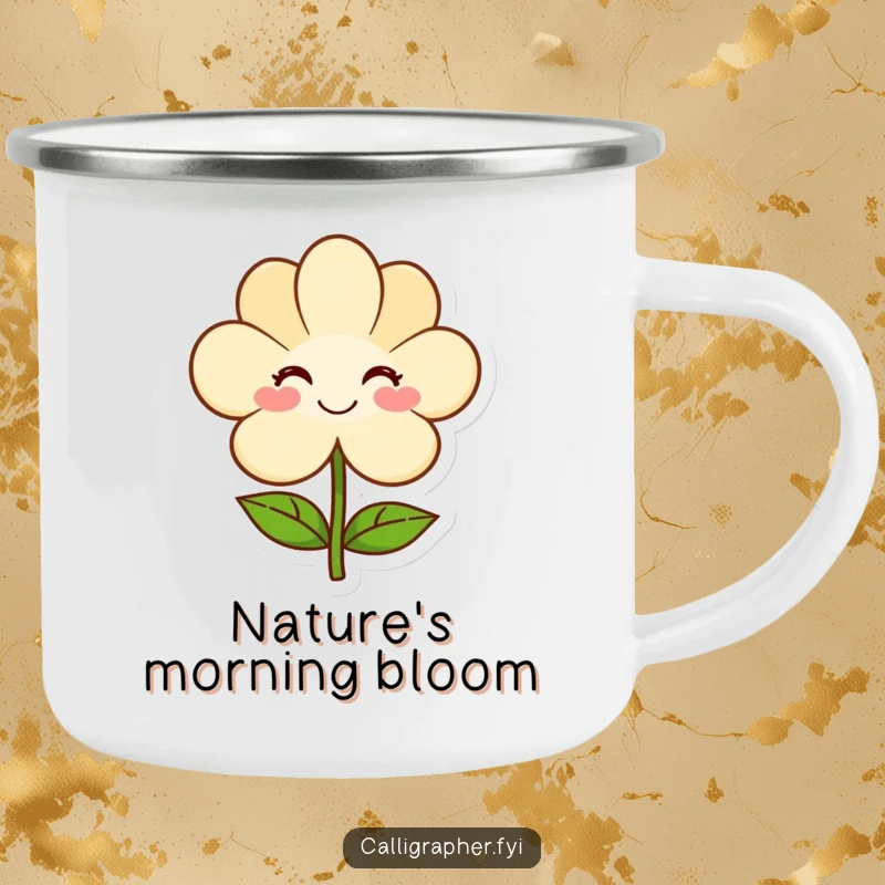 Funny camping mug depicting a smiling artist offering a simple flower, celebrating outdoor creativity and gentle artistry.