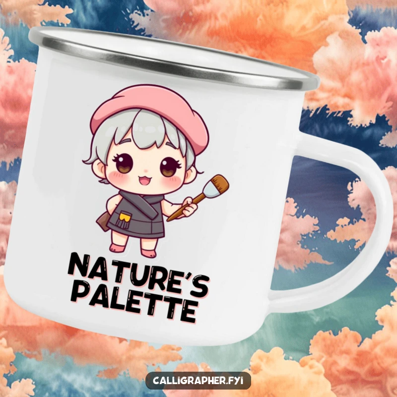 Funny camping mug showing a cute character in a beret, proudly holding a paintbrush, ready to inspire creativity during outdoor adventures.