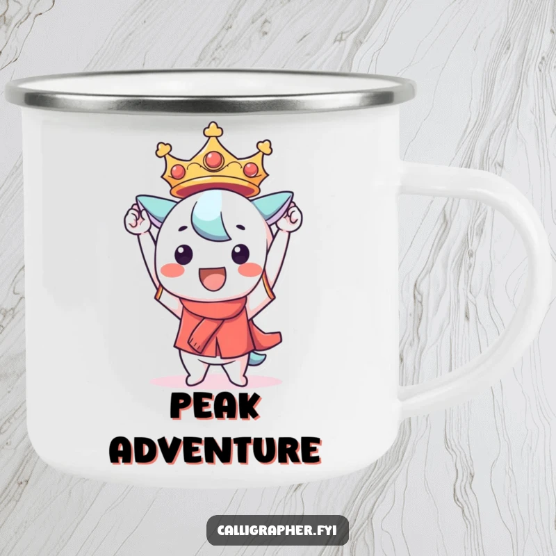 Funny Kawaii character camping mug, triumphantly holding a perfectly formed character, perfect for celebrating outdoor achievements with humor.