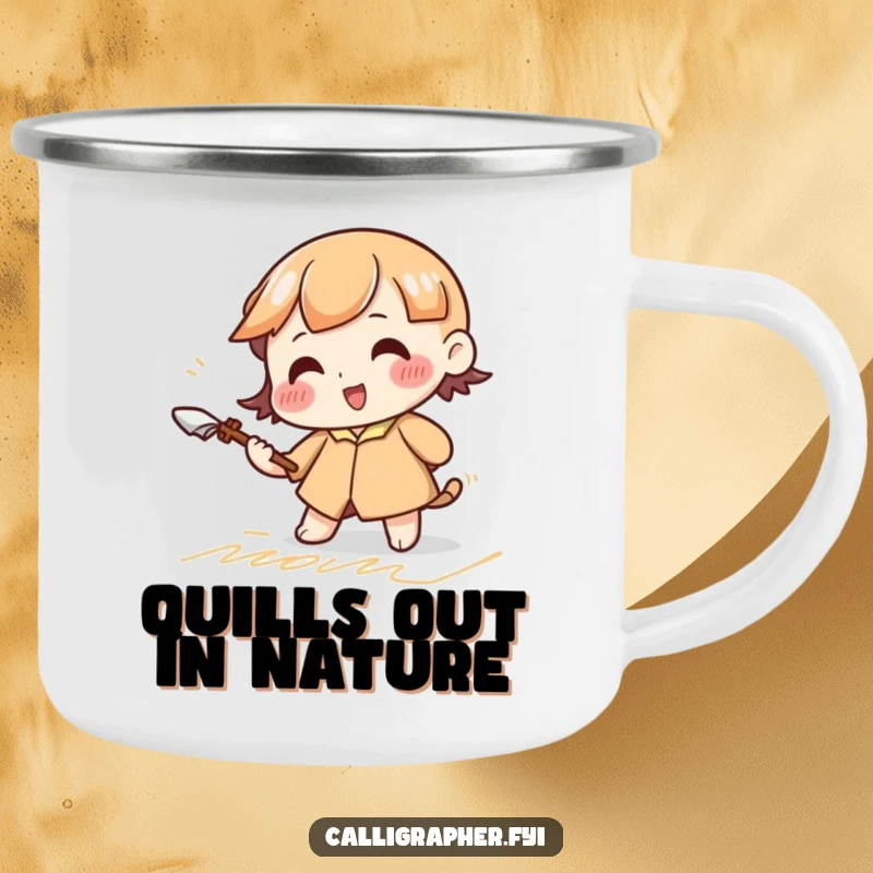 Funny camping mug with a cute character vigorously practicing elegant cursive strokes with a large quill, perfect for artistic outdoor moments.