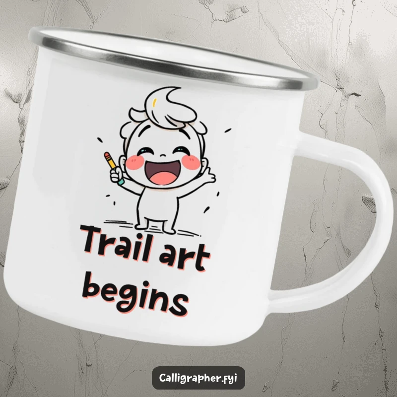 Funny camping mug showcasing a smiling artist character excitedly sketching with bold strokes, perfect for outdoor creative inspiration.