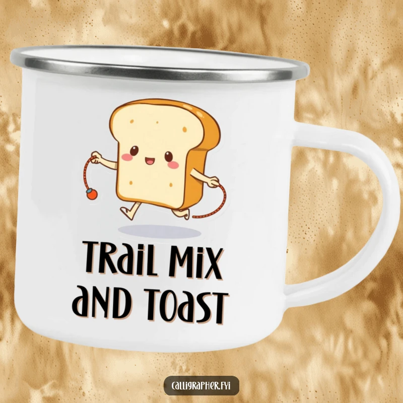 Funny camping mug with a loaf of bread skipping rope using its crust, for active outdoor enthusiasts.
