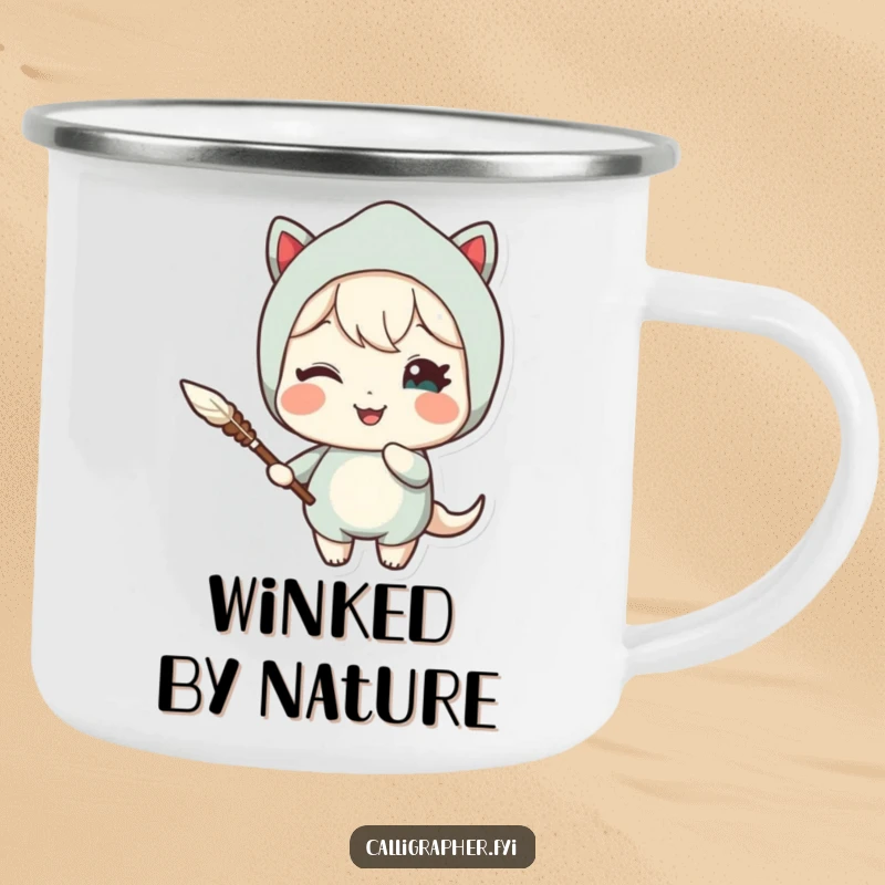Funny camping mug showing a cute character holding a quill pen and winking delightfully, perfect for outdoor storytelling sessions.