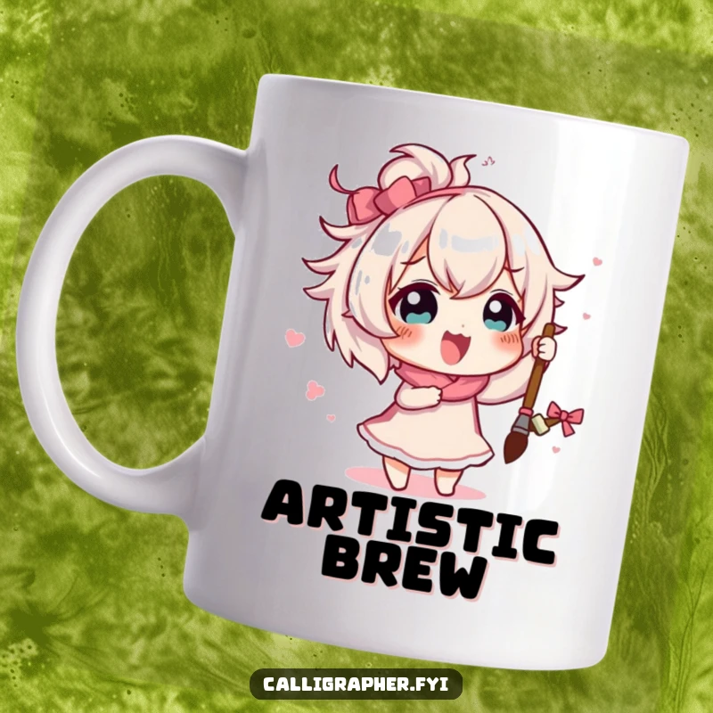 Funny cute character enthusiastically painting a large, dramatic artistic flourish with a brush, on a humorous mug.