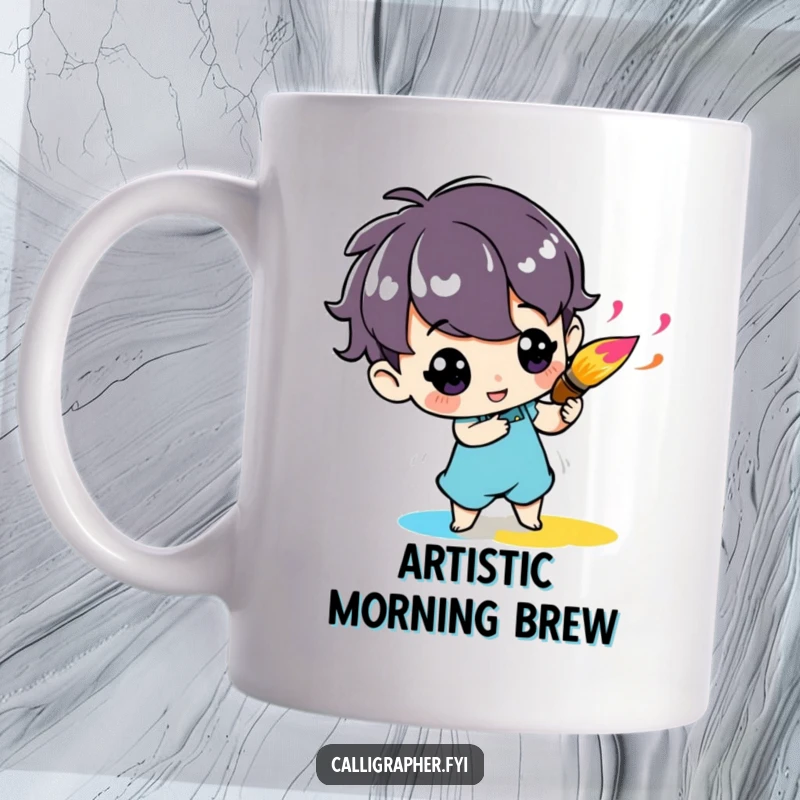 Funny mug featuring a cute character enthusiastically twirling a paintbrush with vibrant ink, showcasing artistic passion and joy.