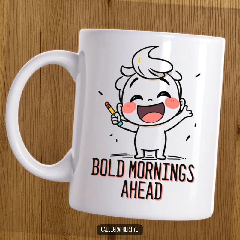 Funny mug showcasing a joyful character enthusiastically sketching with confident, bold strokes, radiating artistic energy.