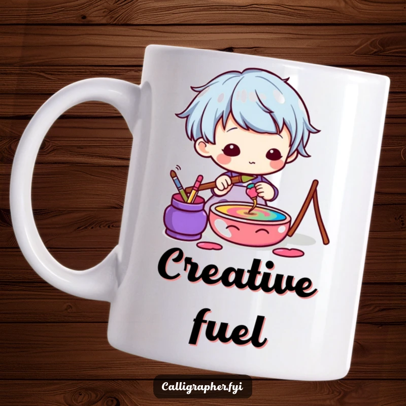 Funny Kawaii Artist Mug featuring an adorable character dipping a brush into a vibrant ink pot, ready to create art.
