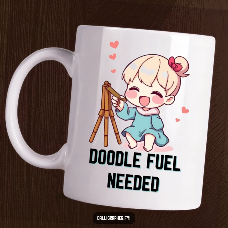 Funny mug depicting a character joyfully sketching a whimsical design, radiating creativity and lightheartedness, perfect for artists.