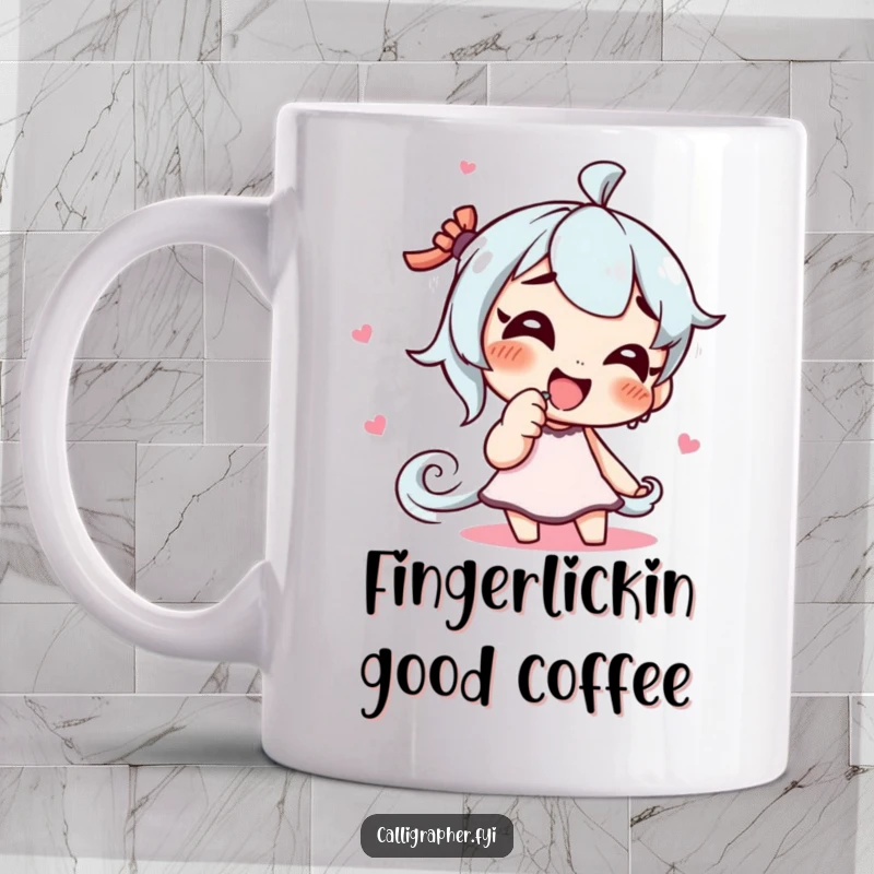 Funny mug featuring a giggling character artist playfully drawing a swirling pattern with their finger, showcasing spontaneous artistic fun.