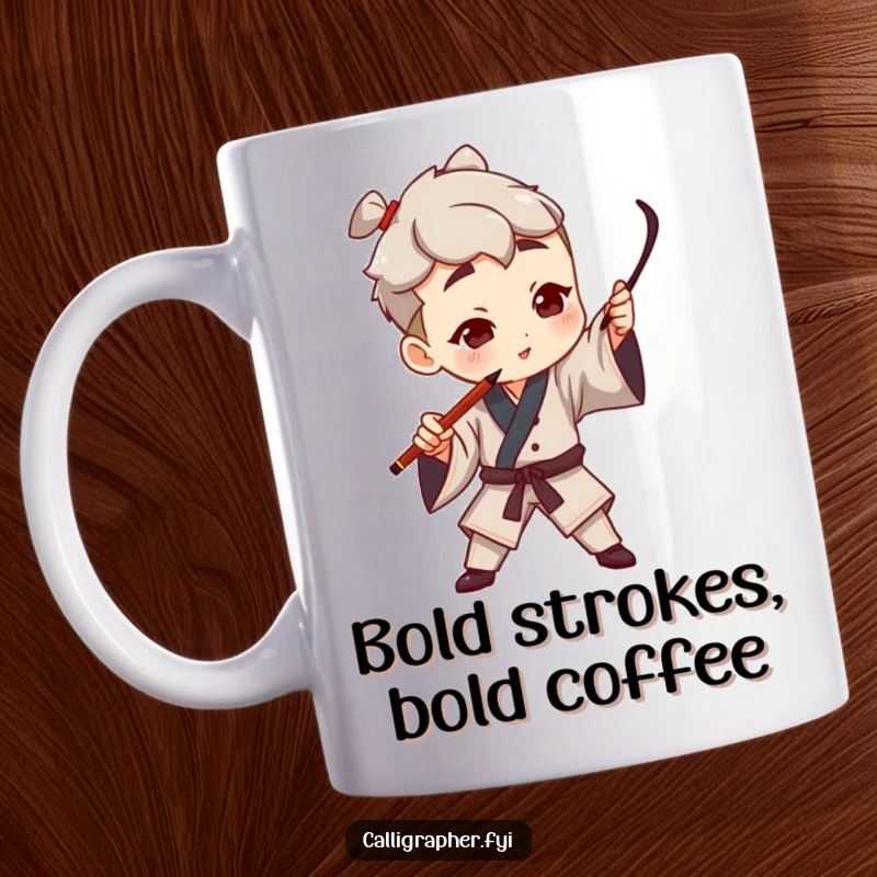 Funny mug showing a character artist dramatically gesturing in the air with a calligraphy pen, creating a bold, artistic stroke.