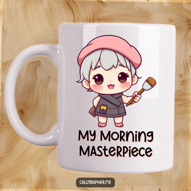 Funny mug featuring a cute character in a beret, holding a paintbrush with pride and artistic confidence, ready to create.