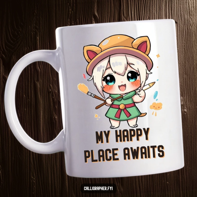 Funny mug showcasing a stylized character energetically painting with a large brush, smiling widely, embodying artistic passion and joy.