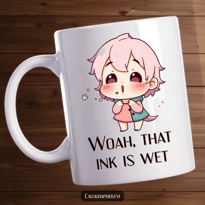 Funny mug showing a surprised character carefully blowing on wet ink, capturing the delicate moment of artistic creation, a humorous gift.