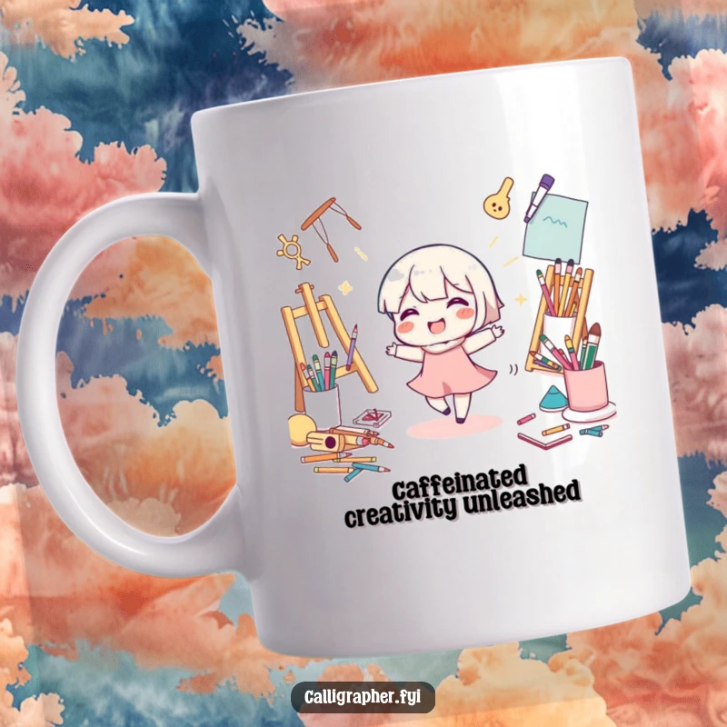 Funny Mug: A cute character joyfully dances surrounded by colorful art supplies, expressing pure artistic bliss and creativity.
