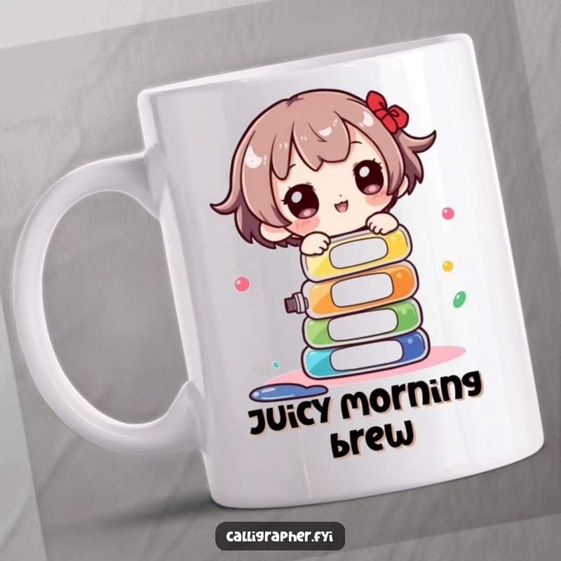 Funny Mug: Cute character playfully balancing a tall stack of colorful ink bottles, showcasing artistic focus and a bit of wobble.