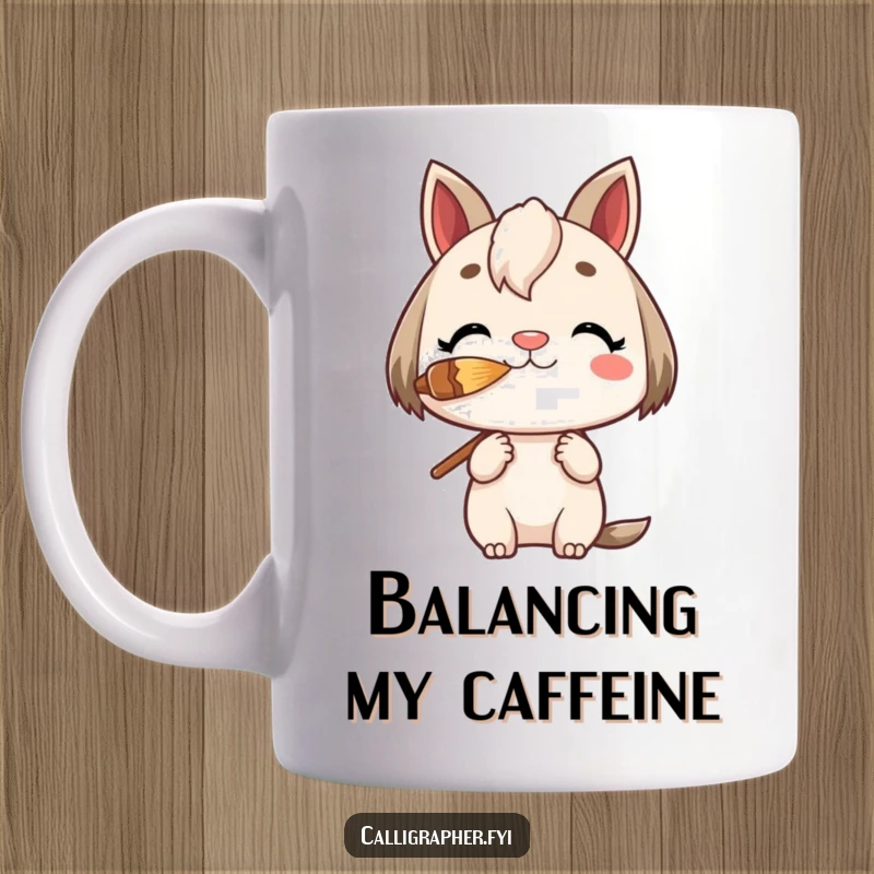 Funny Mug showing a charming character skillfully balancing a paintbrush perfectly on its nose, demonstrating concentration.