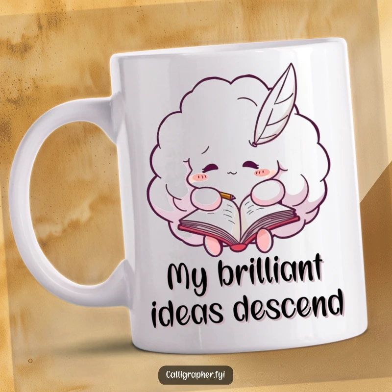 Funny cloud mug with a fluffy cloud diligently writing in a notebook using a quill pen, capturing the humorous side of creativity.