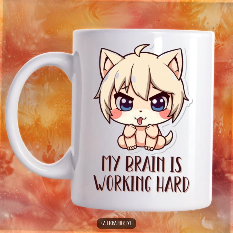 Funny mug featuring a cute character intensely concentrating with their tongue sticking out, showcasing deep focus and effort.
