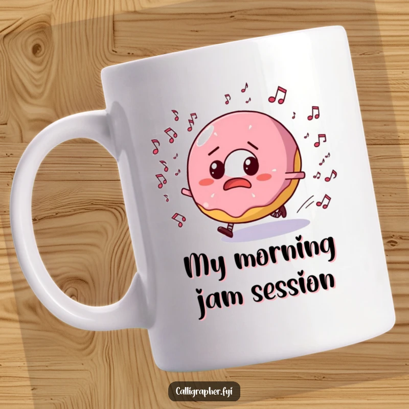 Funny donut mug with a bewildered expression, frantically running from a swarm of tiny, musical notes. Expressing panic and comedic chase.