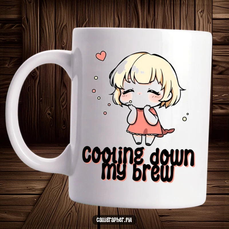 Funny Mug: A cute character gently blows on a freshly inked design, showcasing patience and the final touches of artistry.