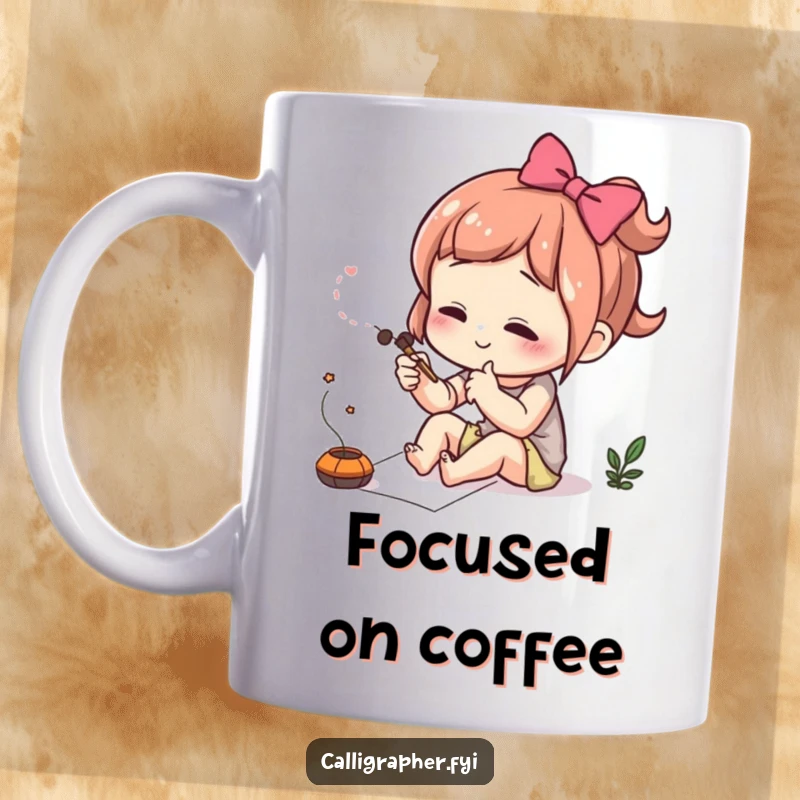 Funny mug showing a cute character intensely concentrating while drawing a beautiful, delicate flourish with precision.
