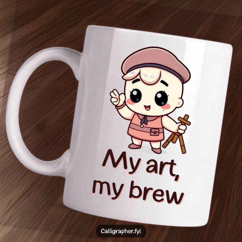 Funny kawaii character wearing a chic beret and striking a proud artist pose, an inspiring mug for creative minds.