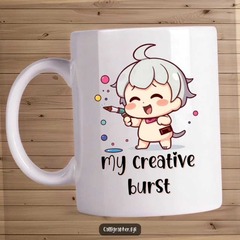 Funny Kawaii character mug, joyfully spraying vibrant ink from a pen nib with energetic enthusiasm, perfect for creatives.