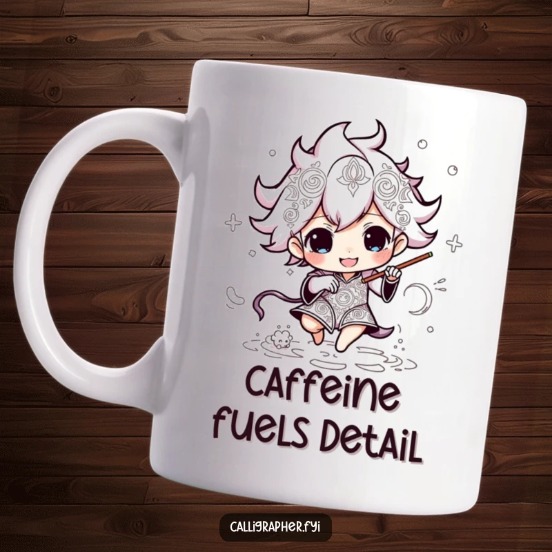 Funny mug showing an energetic character swiftly drawing intricate, detailed patterns with intense focus and speed.