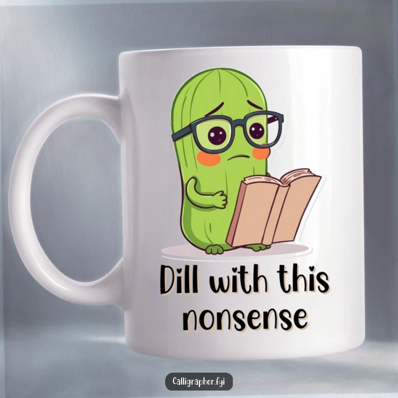 Funny pickle mug featuring a small green pickle wearing tiny reading glasses, looking utterly confused at an open book.