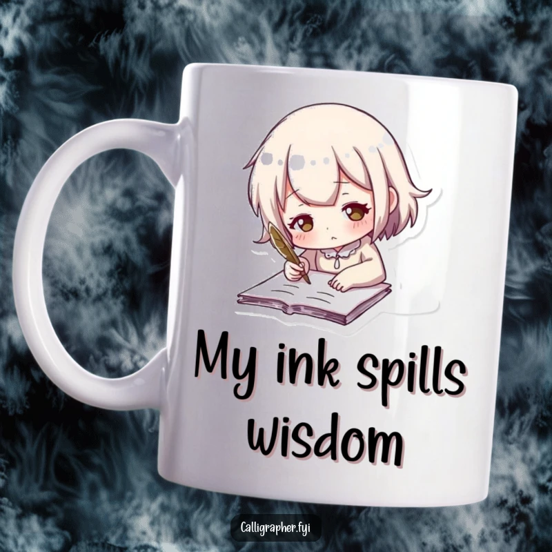 Funny mug with a cute character deeply engrossed in writing with a feathered quill, capturing the essence of passionate storytelling.