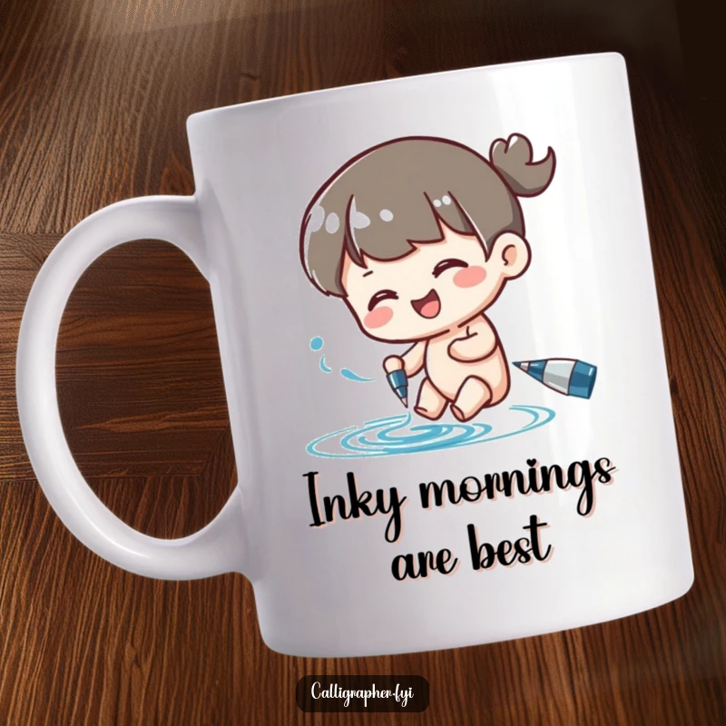 Funny mug featuring a cute character happily swirling ink from a pen, celebrating the joy of writing and creativity.