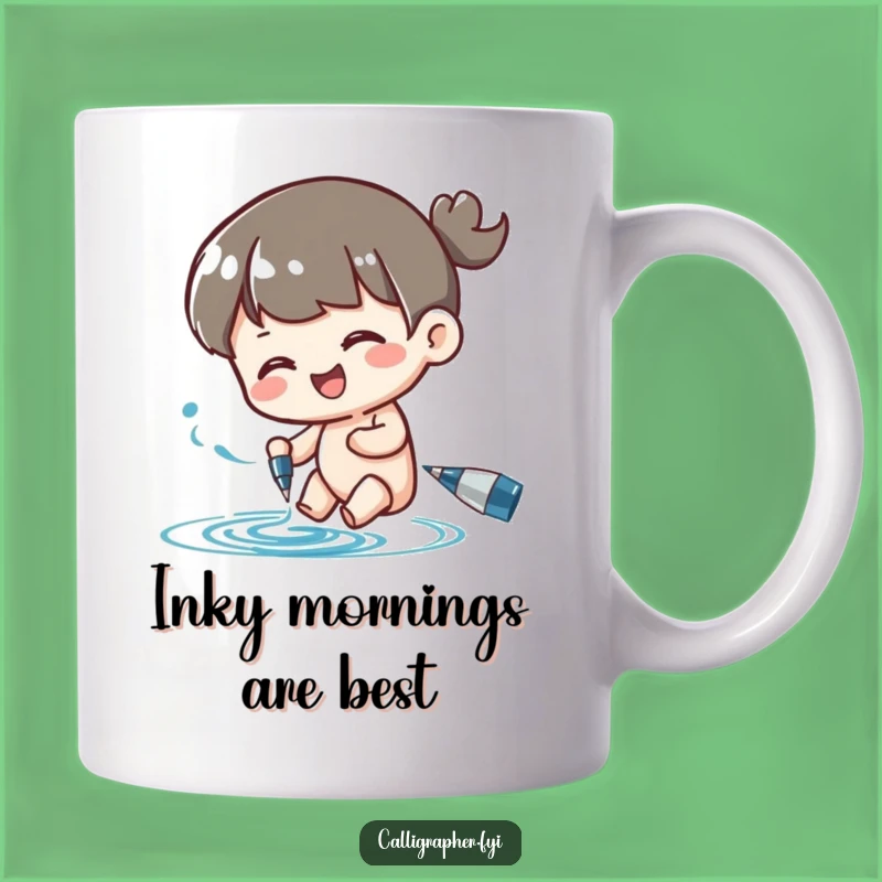 Funny Writer's Block Mug: Character Swirling Ink with Joy