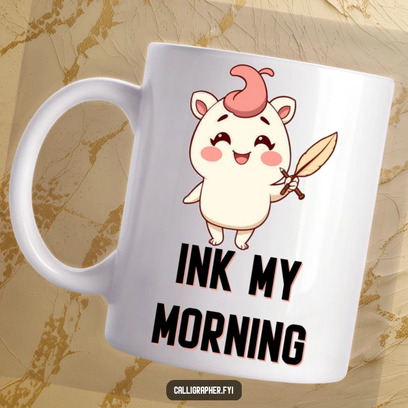 Funny mug showcasing a cheerful character holding a quill pen with a flourish, embodying elegance and playful writing spirit.
