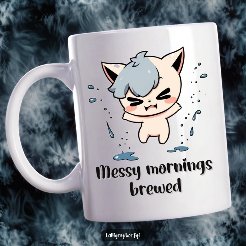 Funny mug with a mischievous character playfully creating ink drop splatters, embodying a fun and chaotic artistic spirit.