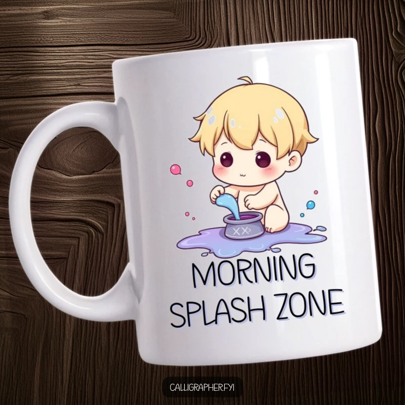 Funny mug depicting a cute character joyfully splashing vibrant ink from a small pot with a mischievous grin.