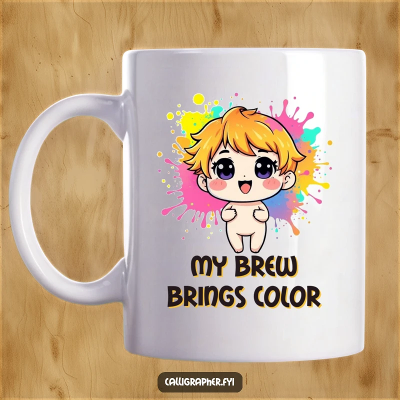 Funny Mug featuring a playful character joyfully creating vibrant splashes and splatters of colorful paint, embodying artistic freedom.