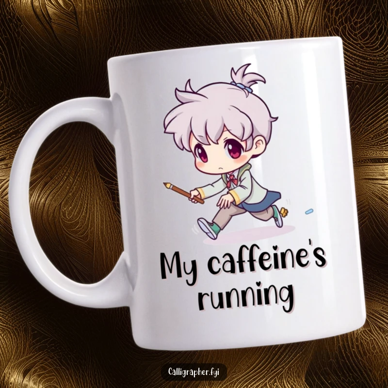 Funny mug showing an artist chasing a tiny, mischievous paintbrush that is trying to escape, highlighting the humorous struggle of art creation.