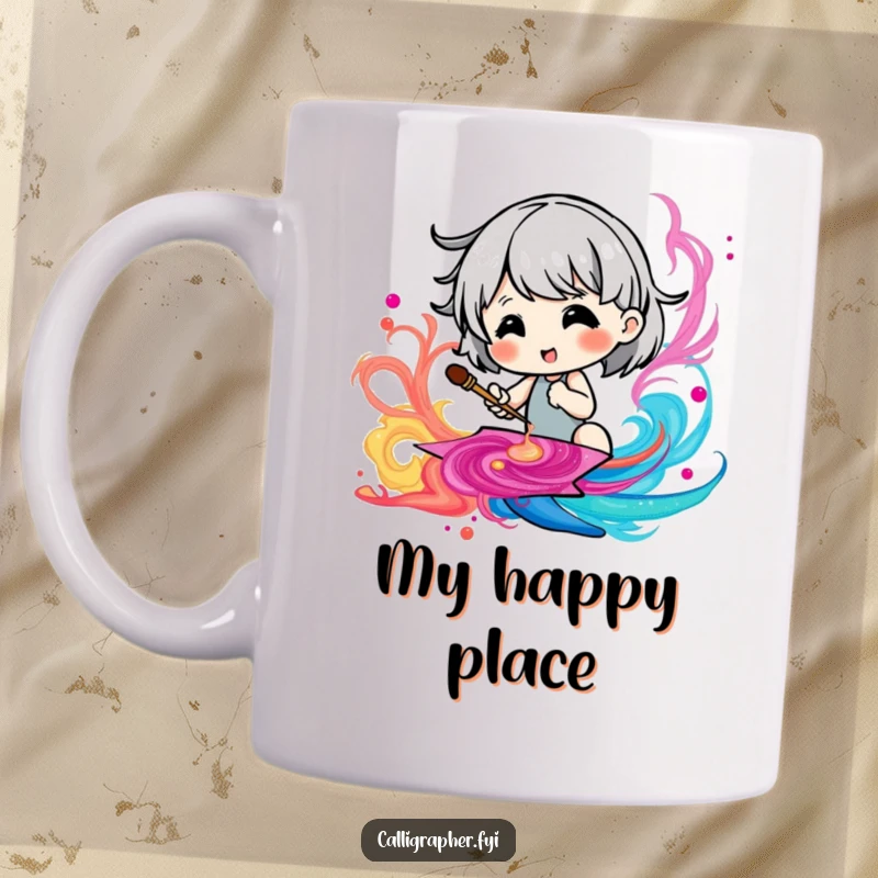 Funny mug with a cute character joyfully painting a colorful, swirling ink pattern with great enthusiasm.