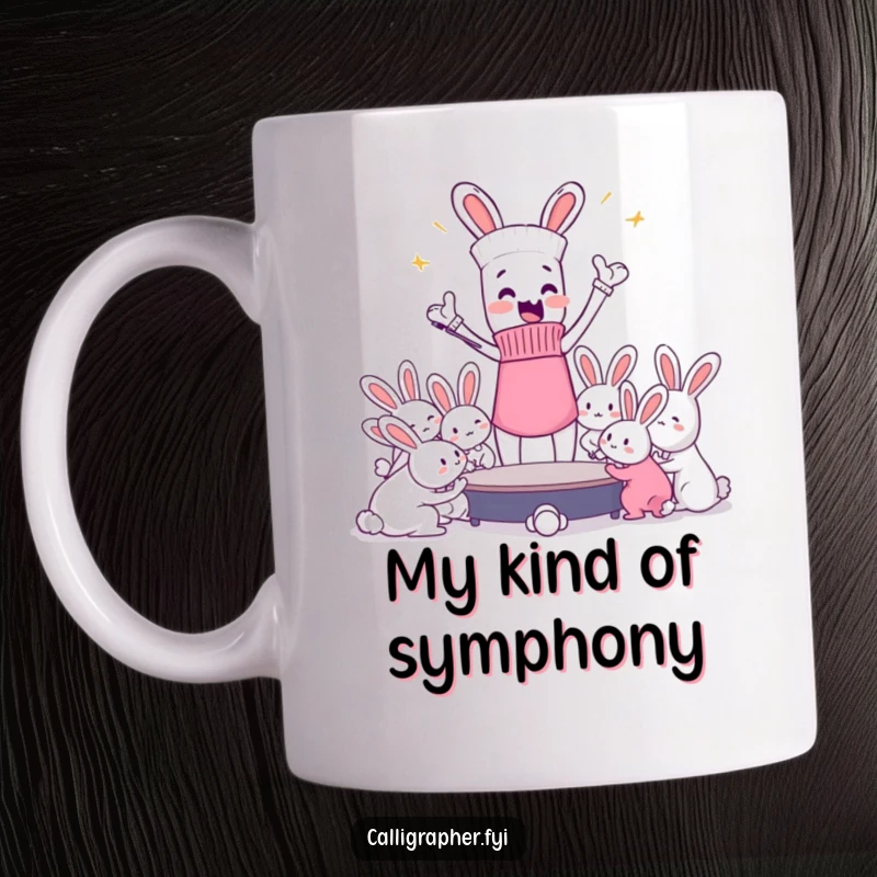 Funny mug showing an enthusiastic sock character passionately conducting a swarm of dust bunnies as a chaotic orchestra.