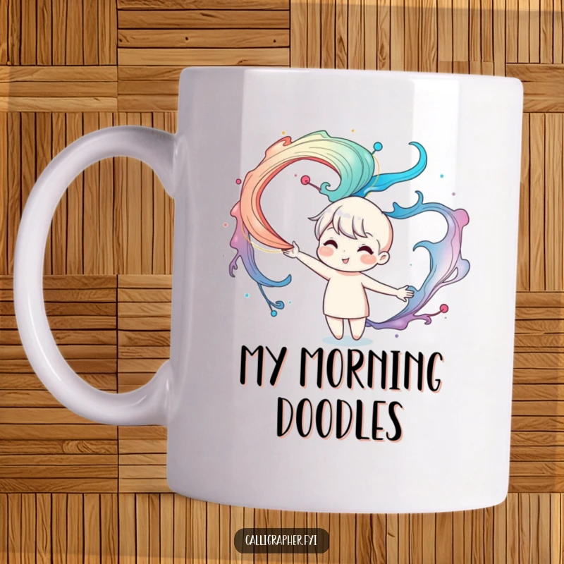 Funny mug showcasing a cute character artistically swirling colorful ink patterns in the air with focused delight.