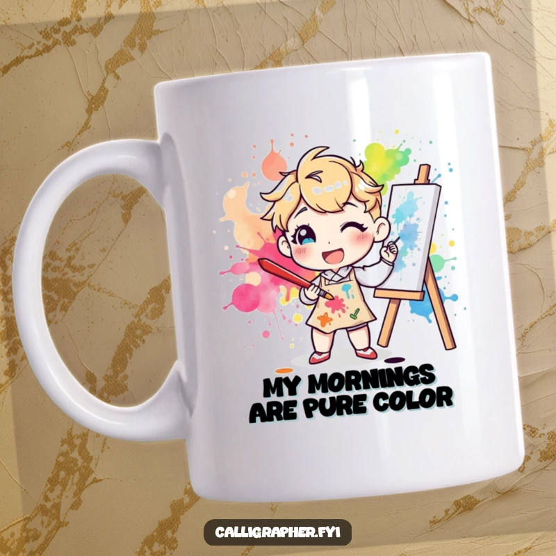 Funny mug showing a cartoon artist happily splattering vibrant ink on a canvas with a big brush, embodying pure artistic joy and messy fun.