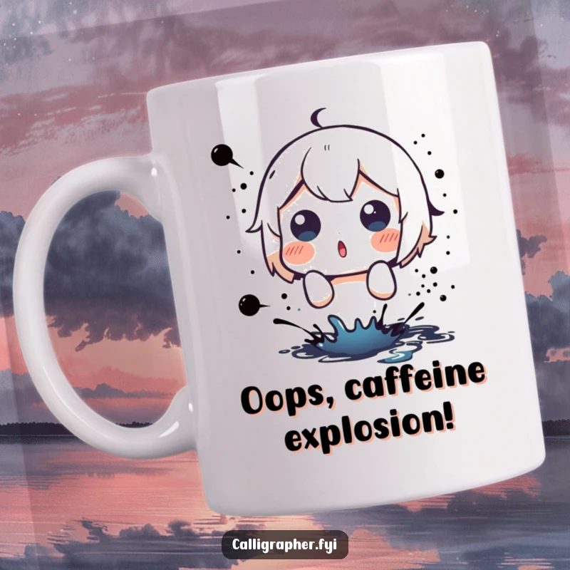 Funny mug featuring a cute character with wide, surprised eyes reacting to a sudden, unexpected ink splatter.