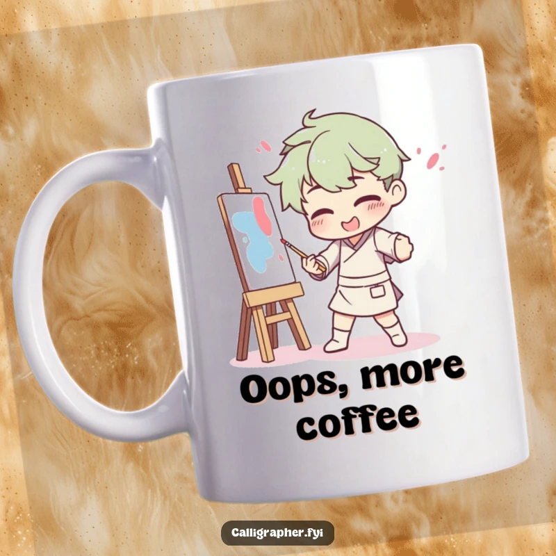 Funny mug of an artist attempting a dramatic pose and accidentally splattering themselves with colorful paint, capturing creative mishap humor.